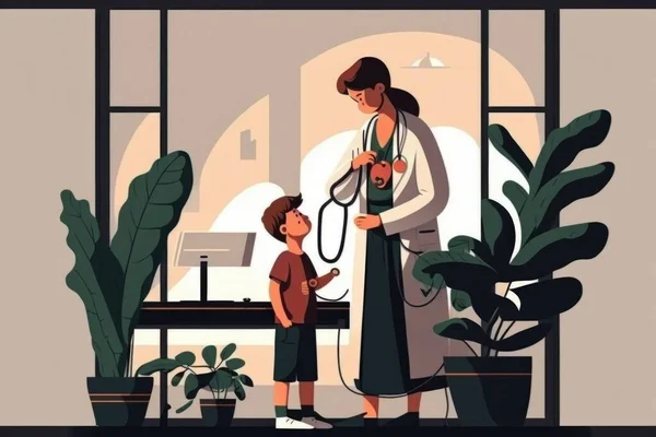 A woman and a child are in a room with plants and a stethoscope editorial illustration a storybook illustration neoplasticism