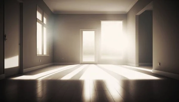 A room with a door and a window with the sun shining through it and a light coming in dim volumetric lighting a raytraced image postminimalism
