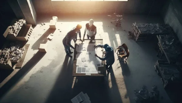 A group of people standing around a table in a warehouse with boxes and boxes on the floor stock photo a stock photo hardworking creatives at work