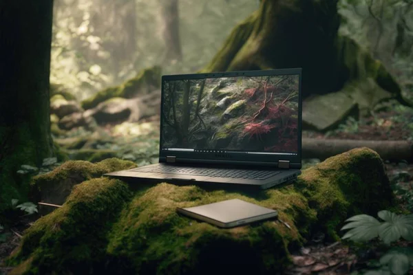 A laptop computer sitting on a mossy rock in a forest with trees and plants forest background a computer rendering purism