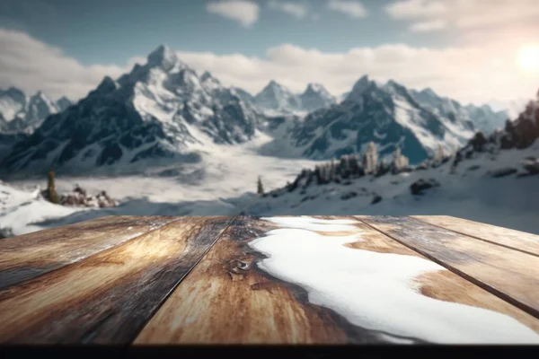 A wooden table with a view of a mountain range in the background with snow on the ground 8 k render a 3d render photorealism