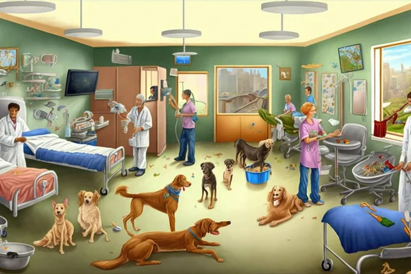 A painting of a hospital with a dog and a group of people in it and a dog laying on the floor highly detailed digital painting a jigsaw puzzle american scene painting