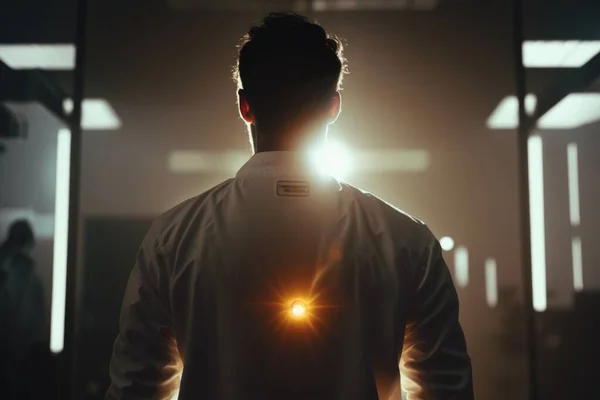 A man standing in a room with a light shining through his jacket and his back turned to the camera anamorphic lens flare a hologram les automatistes