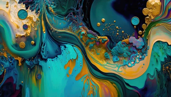 A painting with blue yellow and green colors on it's surface and bubbles psychedelic overtones an ultrafine detailed painting psychedelic art