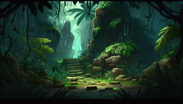 A jungle scene with steps leading to a waterfall and a lot of trees and plants league of legends concept art concept art sots art