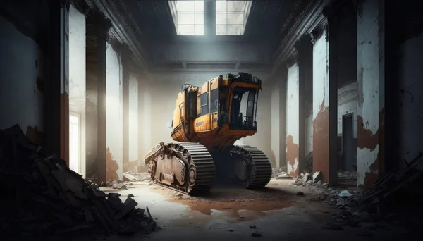 A large bulldozer is in a very large building with a lot of rubble photorealistic lighting a digital rendering auto-destructive art