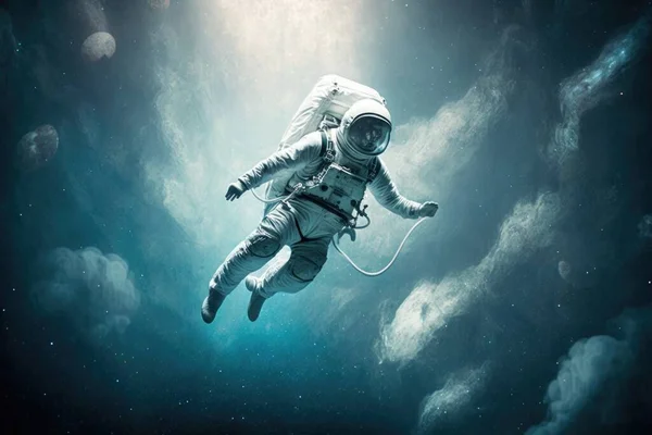 A man in a space suit floating in the water with a rope attached to his chest liminal space in outer space a poster space art