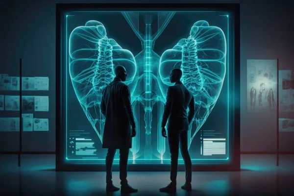 Two people standing in front of a large x - ray image of a human body biopunk cyberpunk art holography