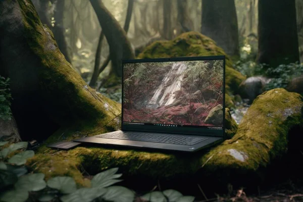 A laptop computer sitting on a mossy log in the woods with a waterfall in the background forest background a computer rendering purism