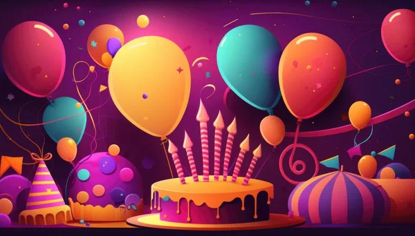 A birthday cake with candles and balloons on a purple background with a purple and pink backdrop plain background a pastel naive art