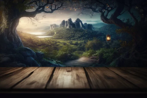 A wooden floor with a lantern in the middle of it and a forest scene in the background cinematic matte painting a detailed matte painting magic realism