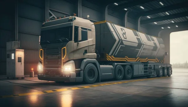A semi truck parked in a warehouse with a bright light on the side of it hard surface a low poly render photorealism