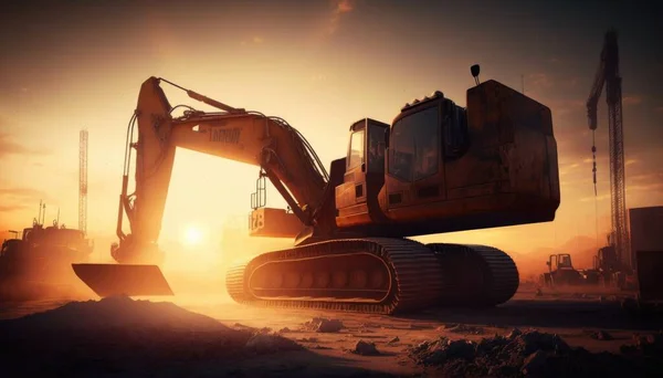 A large construction vehicle sitting in a dirt field at sunset with the sun in the background hard surface a digital rendering environmental art