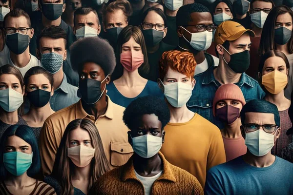 A group of people wearing face masks in a crowd of them are all wearing different colored masks dystopian art a stock photo neoplasticism