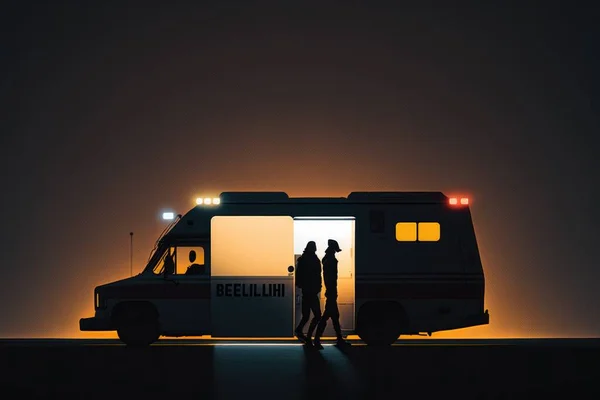 A couple of people walking into a bus at night time with the lights on and the door open cinematic lighting poster art serial art