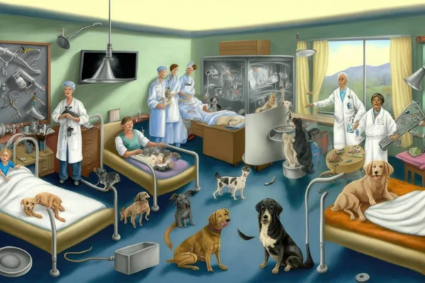 A painting of a hospital with dogs and people in it and a doctor and nurse highly detailed digital painting a storybook illustration neoplasticism