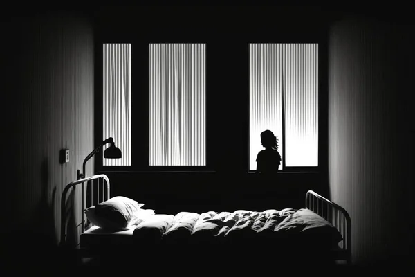 A person sitting in a bed in a dark room with a window and a curtain chiaroscuro a black and white photo stuckism