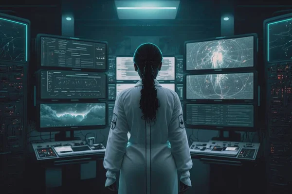 A woman in a white lab coat standing in front of a computer screen with multiple monitors redshift render cyberpunk art space art