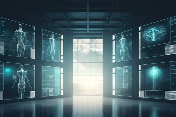 A room with a lot of windows and a lot of screens on the wall with a skeleton in it cybernetics computer graphics holography