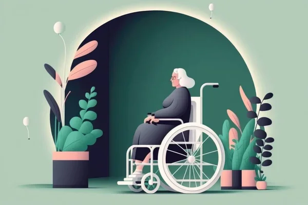 A woman in a wheelchair sitting in front of a green wall with plants and potted plants editorial illustration a storybook illustration generative art