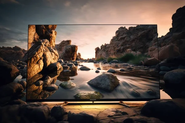 A flat screen tv sitting on top of a table next to rocks and water at sunset uhd 8 k a computer rendering purism