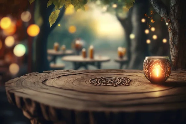 A candle is lit on a table in a forest setting with a table and chairs rendered in unreal 5 a 3d render fantasy art