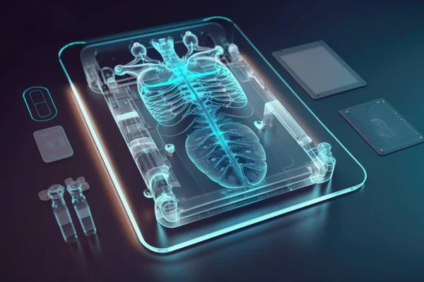 A medical device with a skeleton in the middle of it and a medical device next to it anatomical a computer rendering holography
