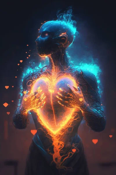 A woman with a heart shaped body in the middle of her body with a blue and ultra realistic digital art cyberpunk art fantasy art