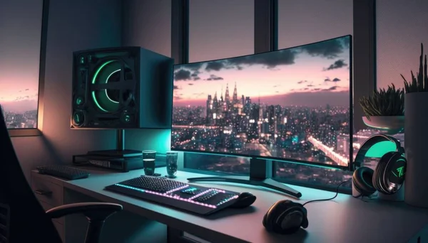 A computer desk with a keyboard mouse and monitor on it in a room with a city view unreal render a computer rendering computer art