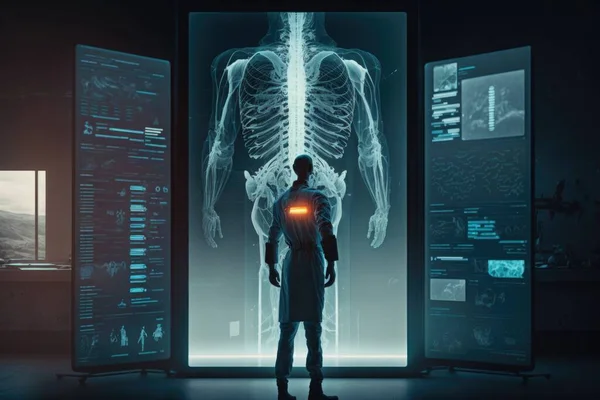 A man standing in front of a skeleton in a dark room with a glowing light biopunk a hologram neoplasticism