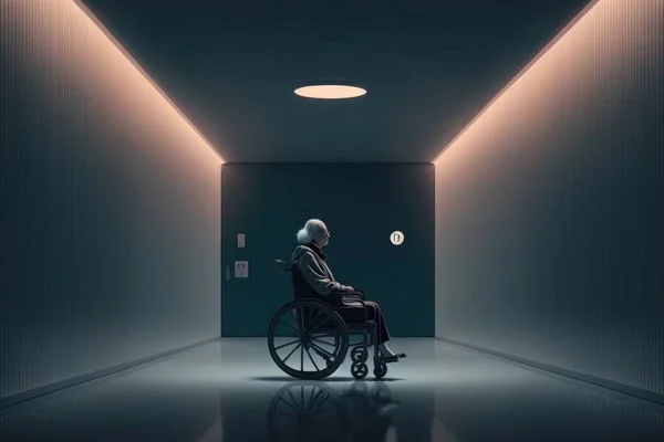 A person in a wheelchair in a dark room with a light on the ceiling and a spot light on the wall dramatic cinematic lighting cyberpunk art video art