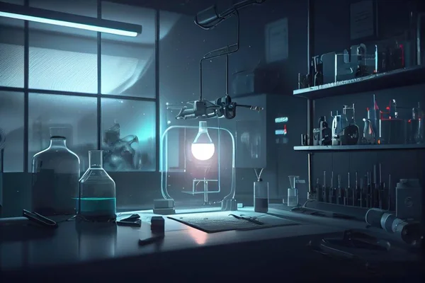 A science lab with a lot of bottles and a light on the table in front of it volumetric lighting computer graphics photorealism