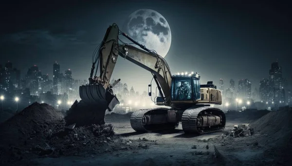 A large construction vehicle parked in a field with a full moon in the background and a city skyline cinematic matte painting a detailed matte painting deconstructivism