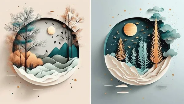 Two paper cut art pieces of trees and mountains with the moon in the sky and the mountains with trees and birds colorful flat surreal design a storybook illustration generative art