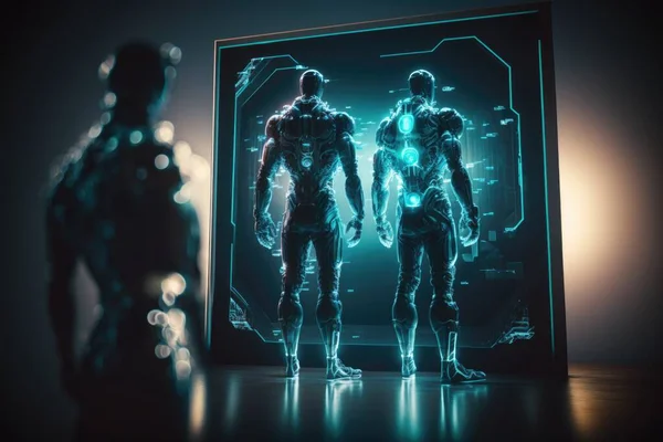 A couple of mannequins standing in front of a mirror in a room unreal 5 a hologram holography