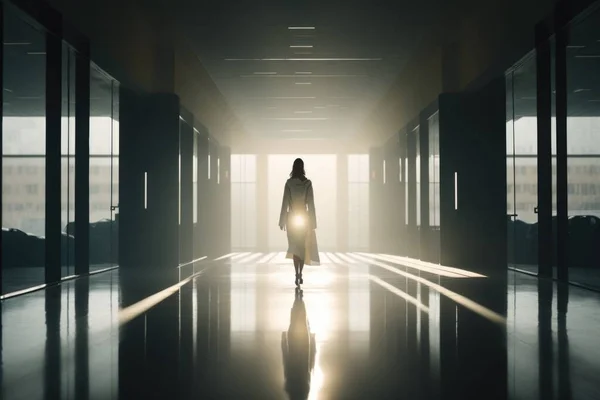 A person walking down a hallway in a dark room with bright light coming through the windows dim volumetric lighting a raytraced image institutional critique