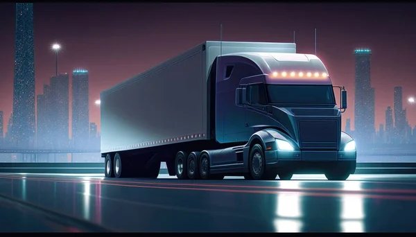 A semi truck driving down a city street at night with lights on the side of the truck ultra realistic illustration an ultrafine detailed painting sots art