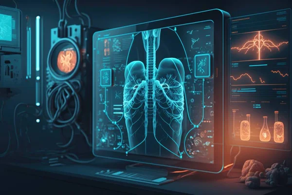 A computer screen with a picture of a human lungs on it and a monitor screen with a picture of a human lungs on it biopunk computer graphics computer art