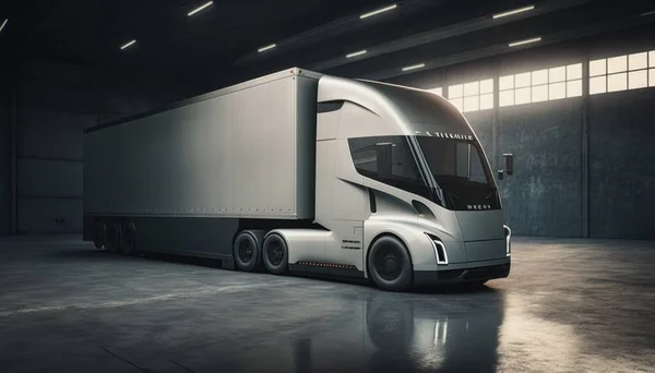 A semi truck parked in a large warehouse with a bright light coming through the windows ue 5 a digital rendering futurism