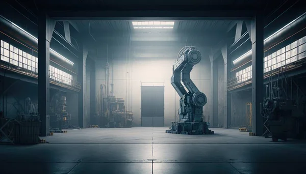 A large industrial building with a giant robot in the middle of it\'s floor rendered in unreal 5 an ambient occlusion render les automatistes