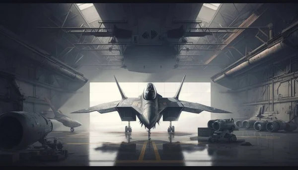 A fighter jet sitting inside of a hangar next to a jet engine and a jet matte drawing a detailed matte painting sots art