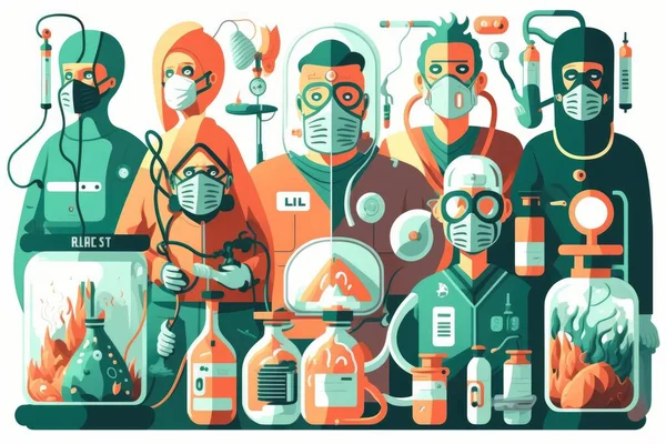 A group of people wearing masks and gas masks in a group with bottles and beaks editorial illustration artistic art neoplasticism