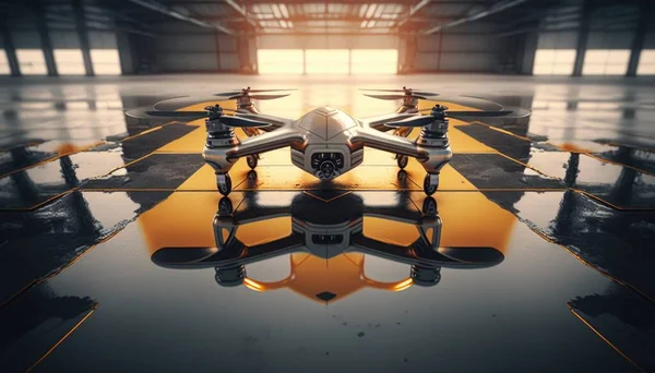 A large yellow and black plane in a hangar with a sun shining through the window octane renderer a 3d render panfuturism