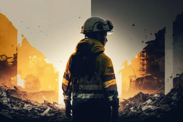 A firefighter standing in front of a destroyed cityscape with a helmet on cinematic matte painting a matte painting auto-destructive art