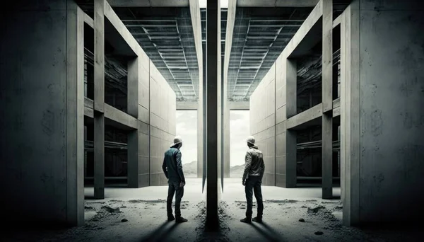Two men standing in a hallway with a sky background and a bridge in the background promotional image poster art brutalism