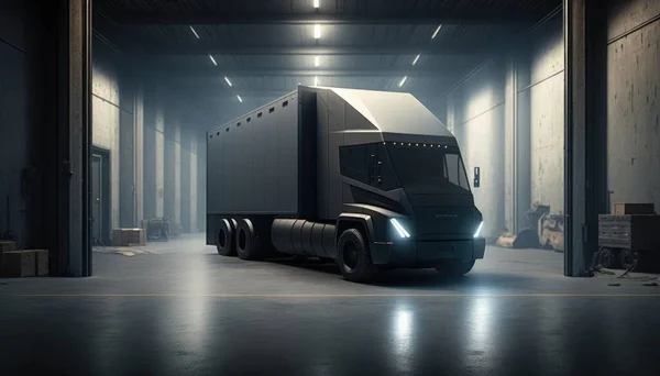 A semi truck is parked in a warehouse with a bright light on the side of it ue 5 a digital rendering panfuturism