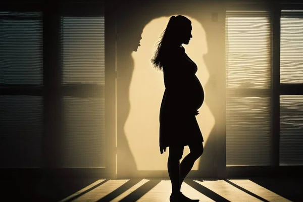 A pregnant woman standing in a room with a shadow of a window on the wall backlighting a photocopy neoplasticism