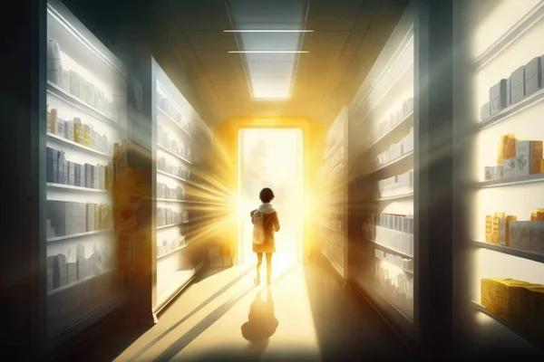 A person walking through a hallway with shelves full of shelves and shelves full of shelves volumetric lighting a storybook illustration light and space