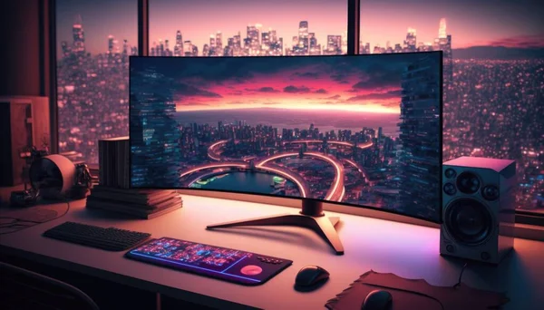 A computer monitor sitting on top of a desk next to a keyboard and mouse on a desk ultra wide angle a computer rendering panfuturism