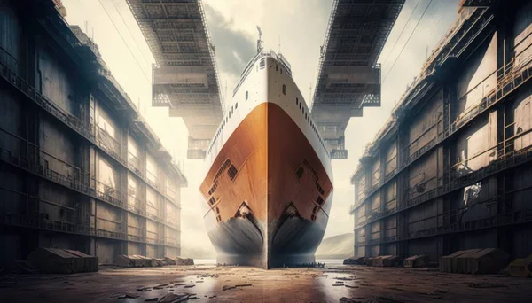 A large ship in a large warehouse with a bridge in the background and a sky background cinematic matte painting a detailed matte painting photorealism
